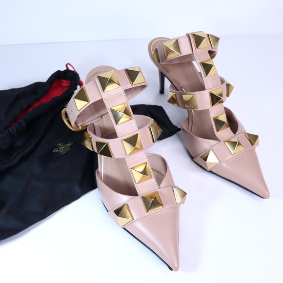 VALENTINO Roman Stud Leather Heeled Sandal Blush Pink Pointed Toe Women's 36 - Picture 2 of 10